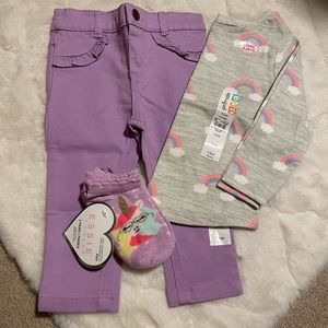 New 12M Rainbow Top, Purple Pants and rainbow socks